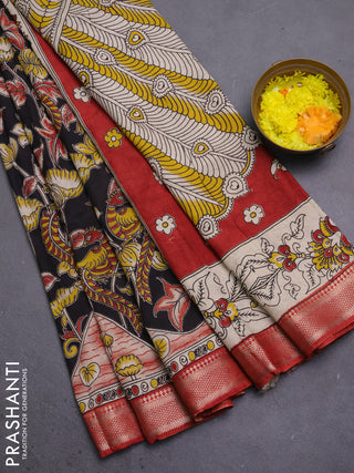 Kalamkari semi silk saree black and rust shade with allover prints and mangalgiri border