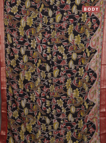 Kalamkari semi silk saree black and rust shade with allover prints and mangalgiri border