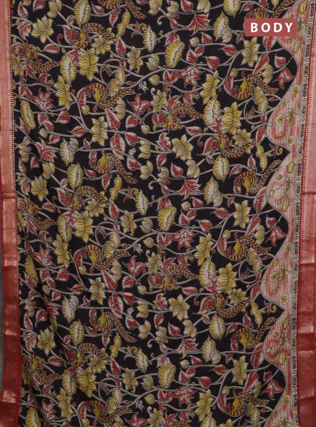 Kalamkari semi silk saree black and rust shade with allover prints and mangalgiri border