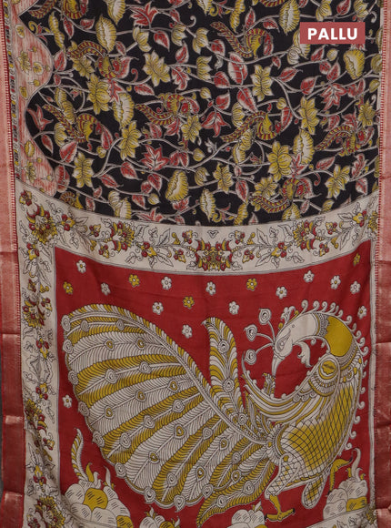 Kalamkari semi silk saree black and rust shade with allover prints and mangalgiri border