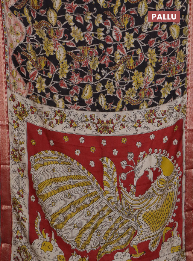 Kalamkari semi silk saree black and rust shade with allover prints and mangalgiri border