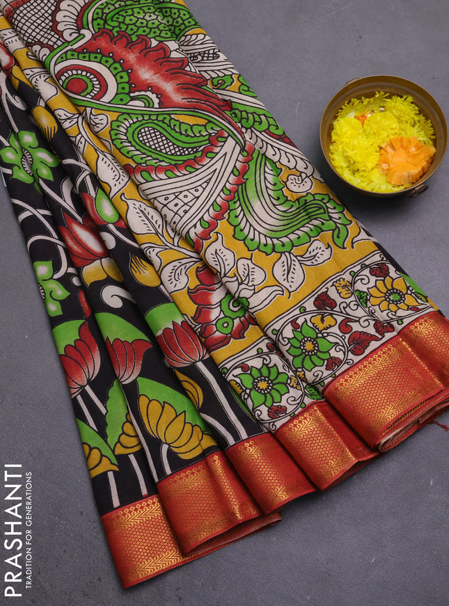 Kalamkari semi silk saree black and rust shade with allover prints and mangalgiri border