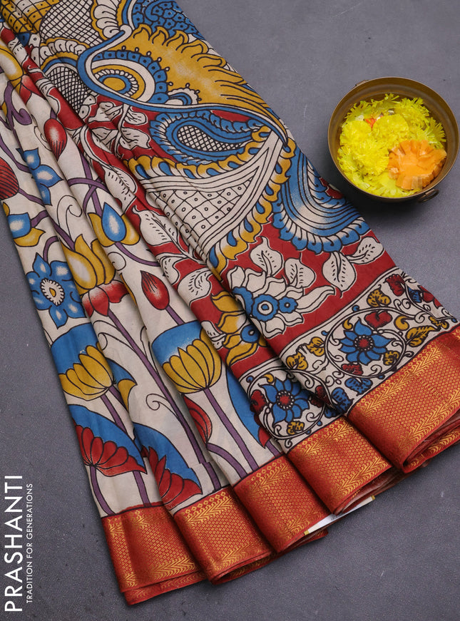 Kalamkari semi silk saree beige and rust shade with allover prints and mangalgiri border