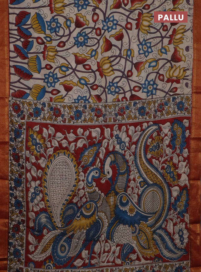 Kalamkari semi silk saree beige and rust shade with allover prints and mangalgiri border