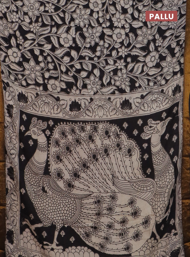 Kalamkari semi silk saree beige and black with allover prints and mangalgiri border