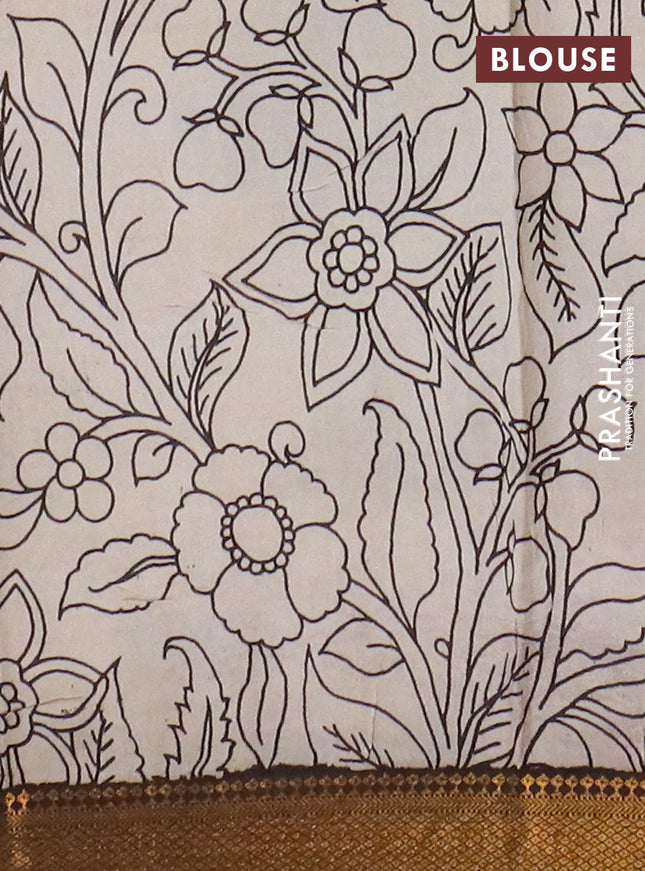 Kalamkari semi silk saree beige and black with allover prints and mangalgiri border