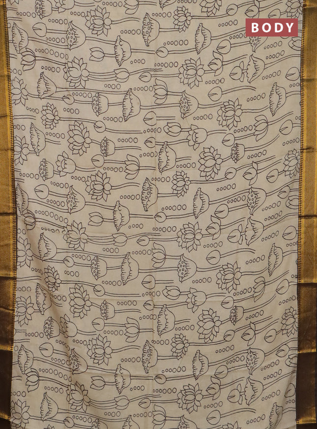 Kalamkari semi silk saree beige and black with allover prints and mangalgiri border