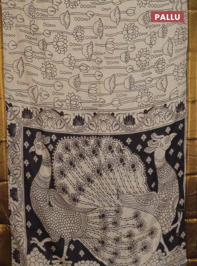Kalamkari semi silk saree beige and black with allover prints and mangalgiri border