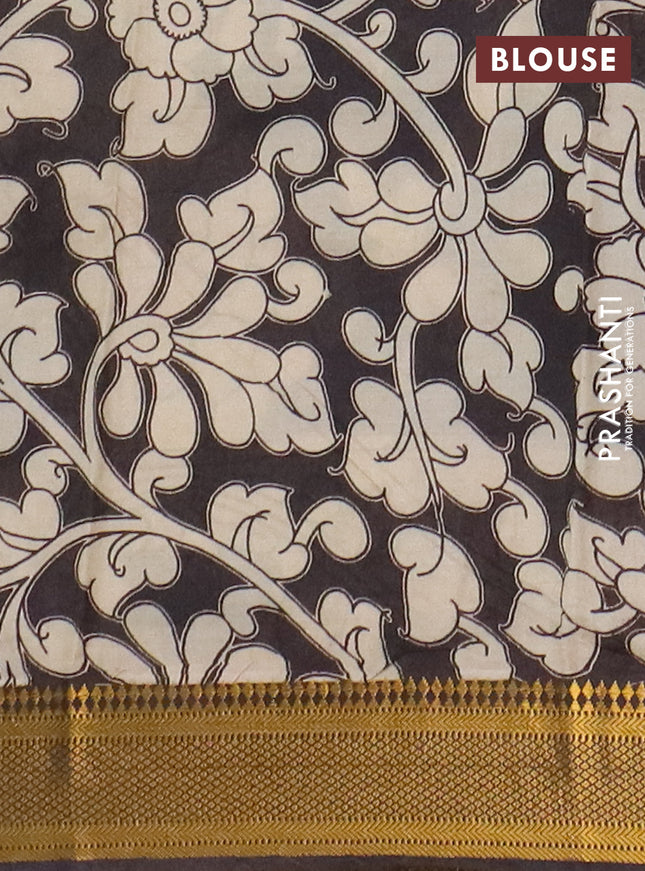 Kalamkari semi silk saree beige and black with allover prints and mangalgiri border