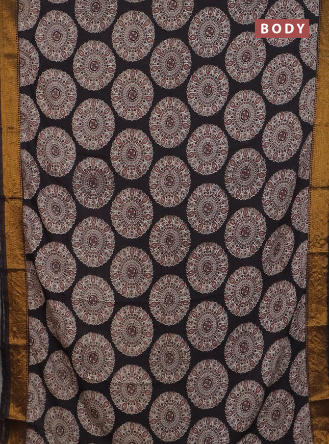 Kalamkari semi silk saree black with allover prints and mangalgiri border