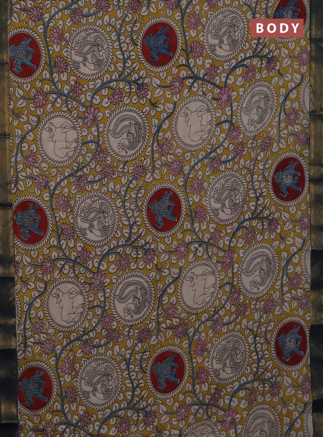 Kalamkari semi silk saree yellow and peacock blue with allover prints and mangalgiri border
