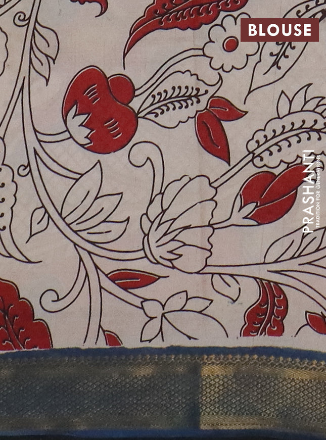 Kalamkari semi silk saree yellow and peacock blue with allover prints and mangalgiri border