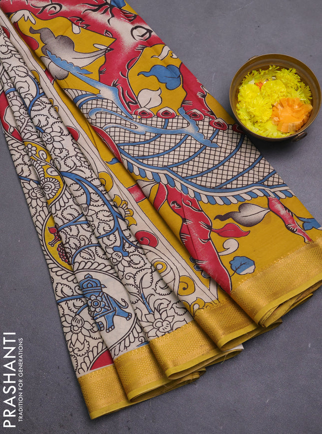 Kalamkari semi silk saree beige and lime yellow with allover prints and mangalgiri border