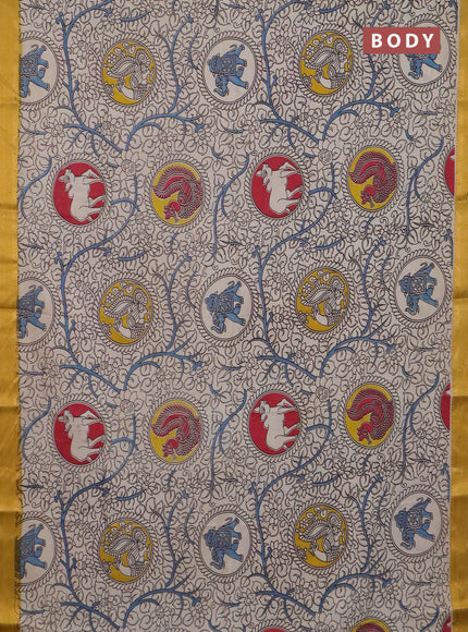 Kalamkari semi silk saree beige and lime yellow with allover prints and mangalgiri border