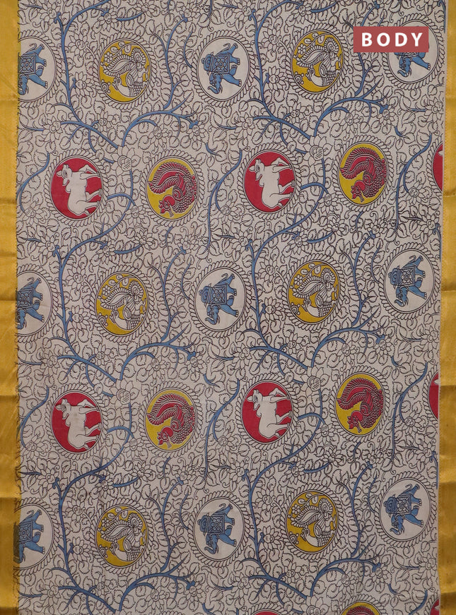 Kalamkari semi silk saree beige and lime yellow with allover prints and mangalgiri border
