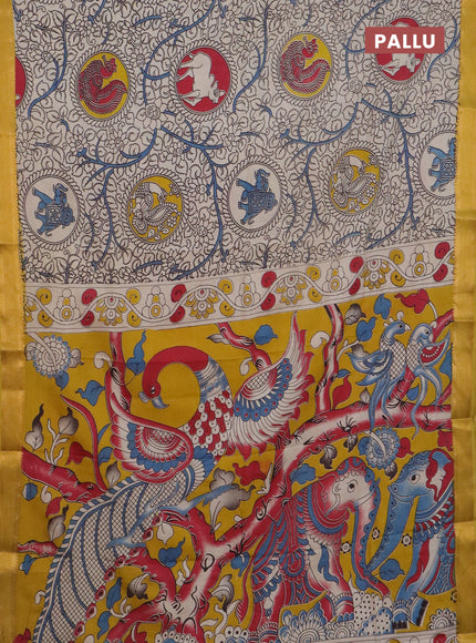 Kalamkari semi silk saree beige and lime yellow with allover prints and mangalgiri border