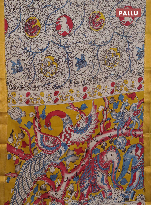 Kalamkari semi silk saree beige and lime yellow with allover prints and mangalgiri border