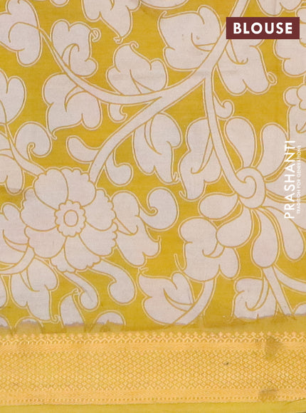 Kalamkari semi silk saree beige and lime yellow with allover prints and mangalgiri border