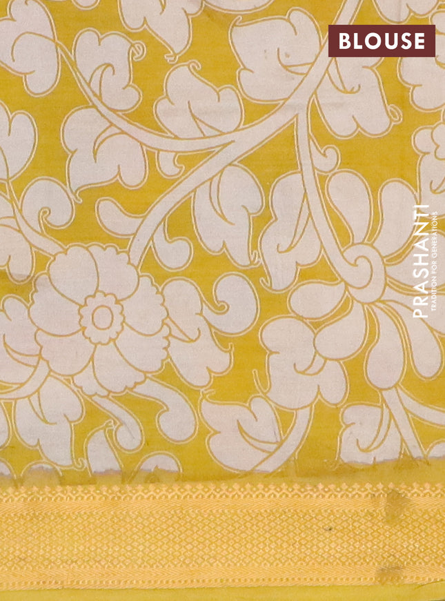 Kalamkari semi silk saree beige and lime yellow with allover prints and mangalgiri border