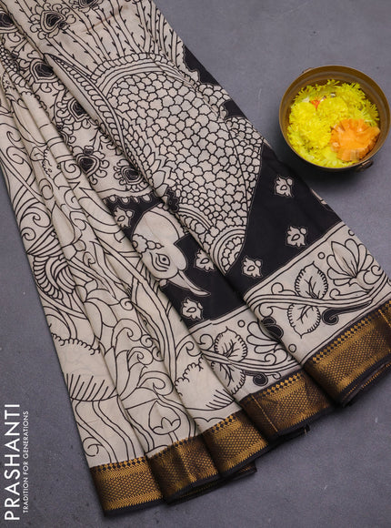 Kalamkari semi silk saree beige and black with allover prints and mangalgiri border