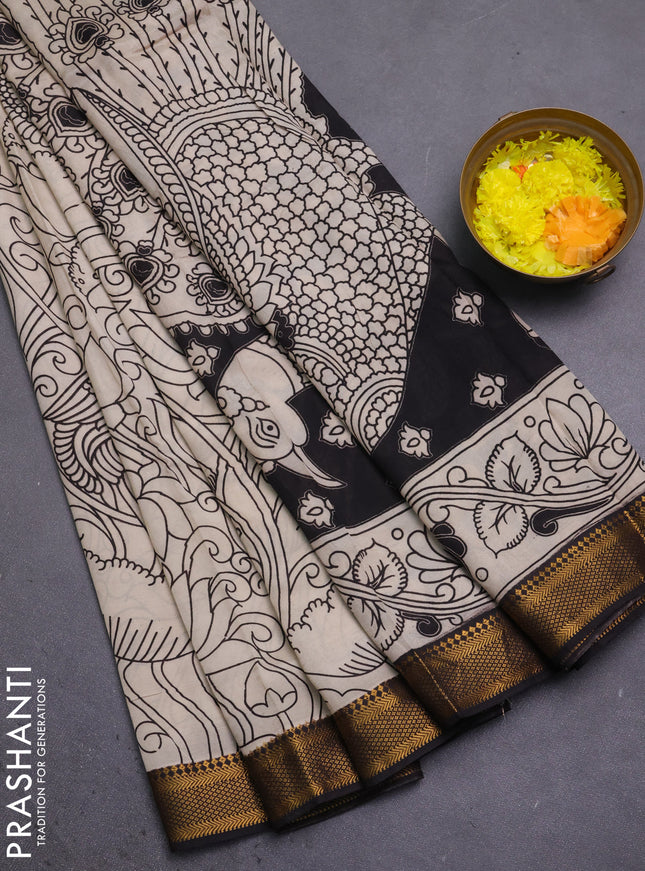 Kalamkari semi silk saree beige and black with allover prints and mangalgiri border