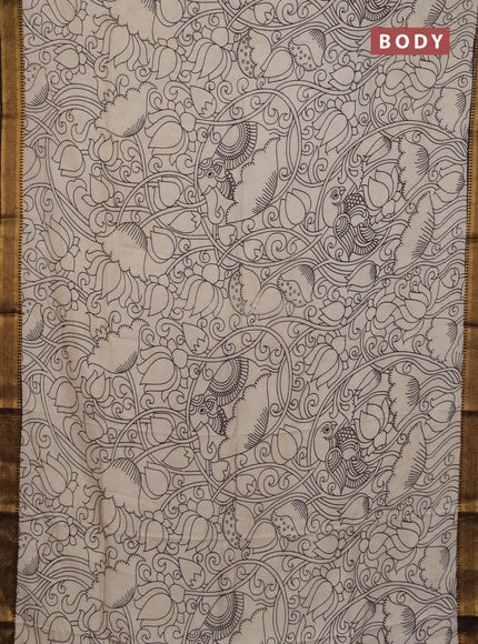 Kalamkari semi silk saree beige and black with allover prints and mangalgiri border