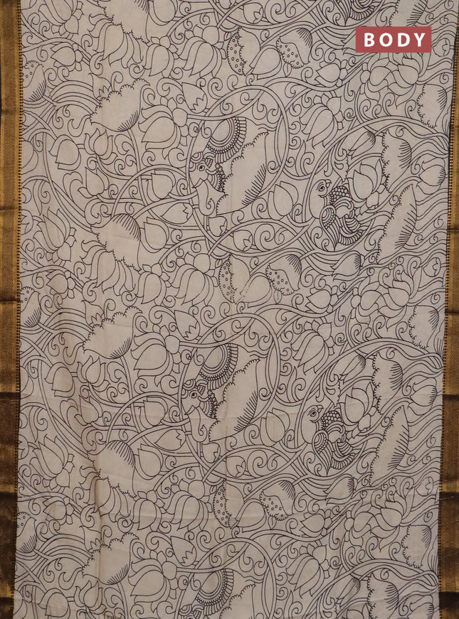Kalamkari semi silk saree beige and black with allover prints and mangalgiri border