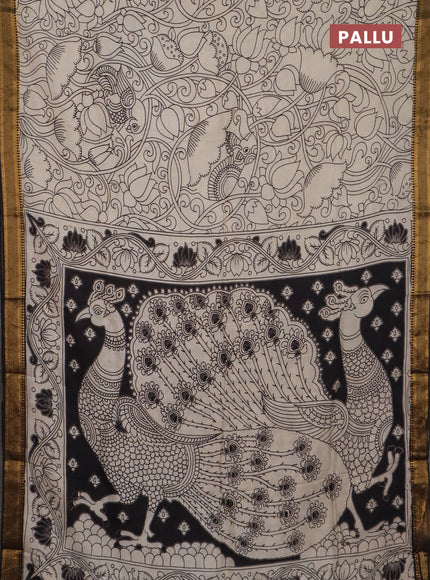 Kalamkari semi silk saree beige and black with allover prints and mangalgiri border