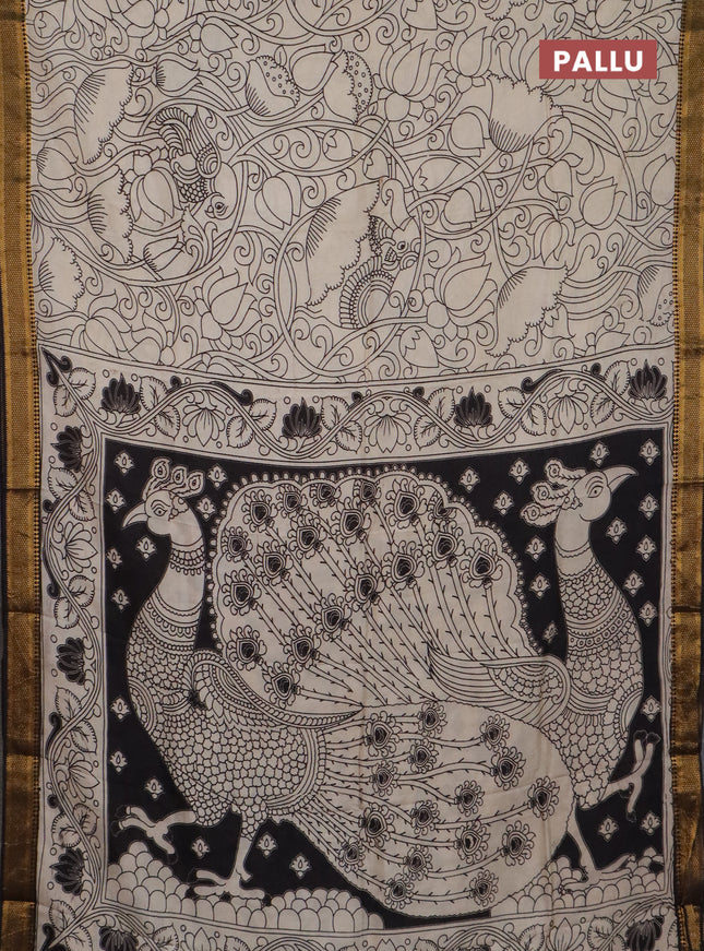 Kalamkari semi silk saree beige and black with allover prints and mangalgiri border