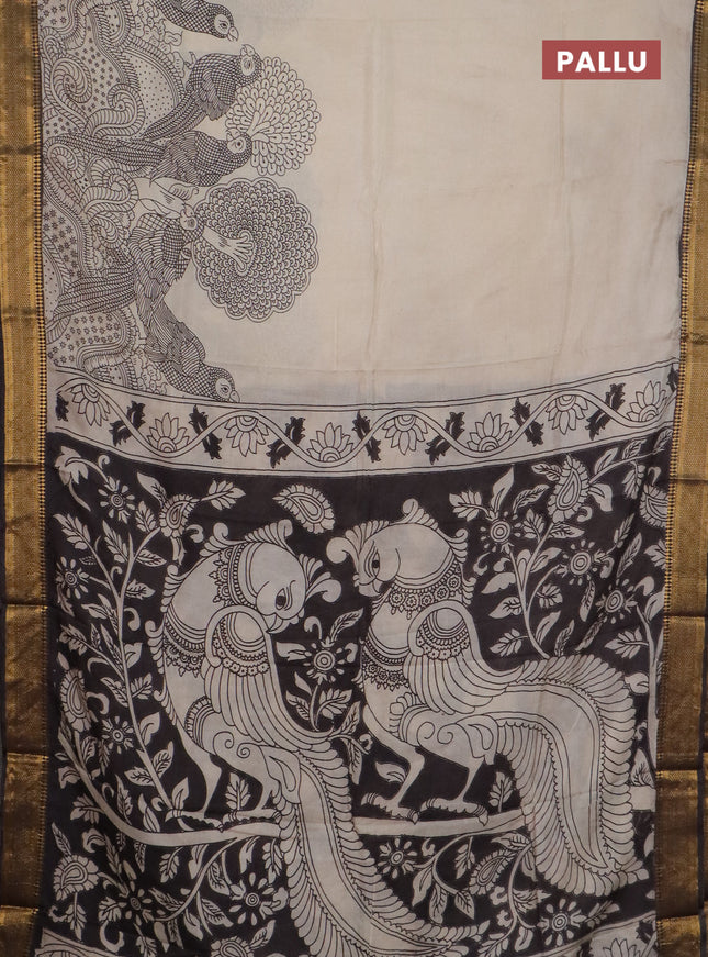 Kalamkari semi silk saree beige and brown with allover prints and mangalgiri border