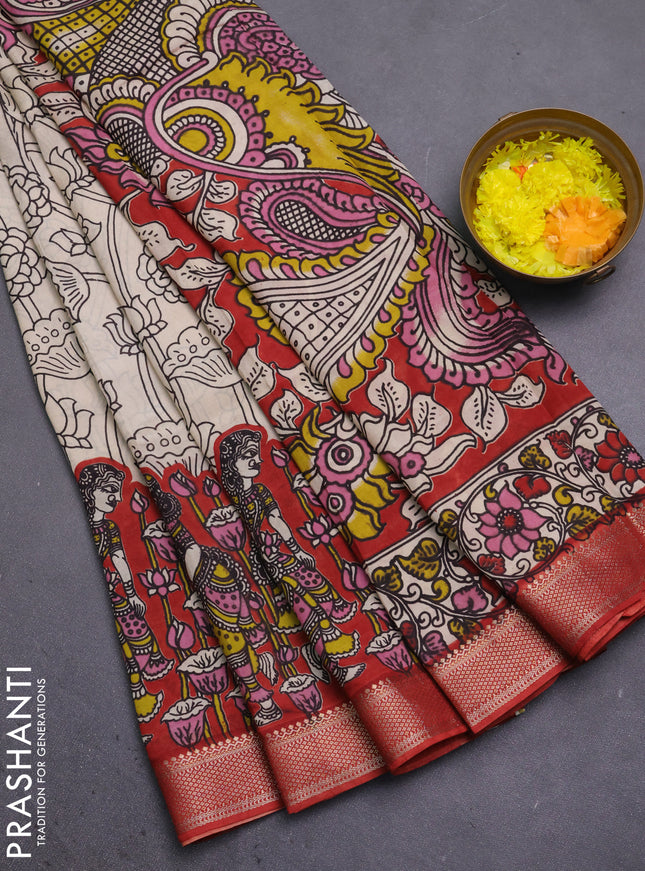 Kalamkari semi silk saree pink and rust shade with allover prints and mangalgiri border