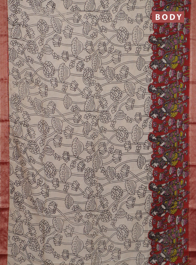 Kalamkari semi silk saree pink and rust shade with allover prints and mangalgiri border