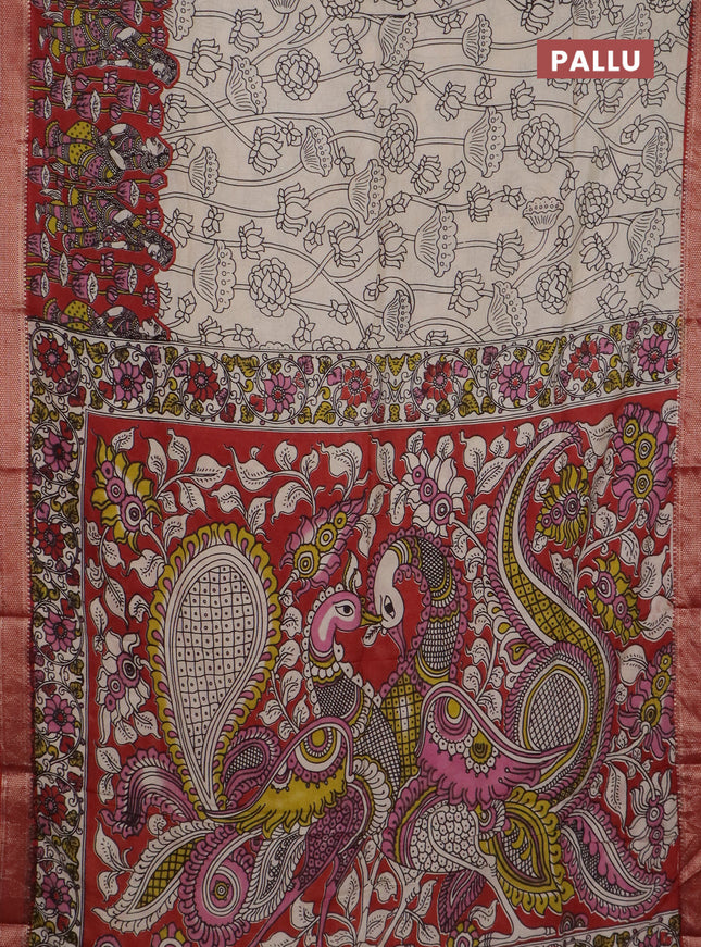 Kalamkari semi silk saree pink and rust shade with allover prints and mangalgiri border