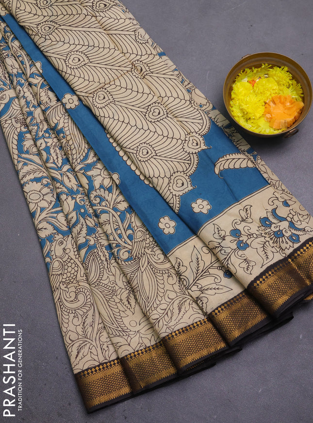 Kalamkari semi silk saree beige and black with allover prints and mangalgiri border