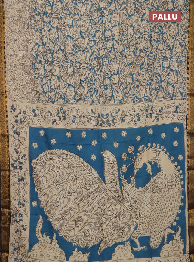 Kalamkari semi silk saree beige and black with allover prints and mangalgiri border
