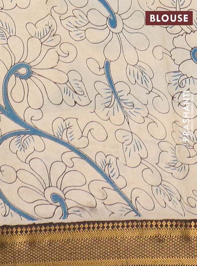 Kalamkari semi silk saree beige and black with allover prints and mangalgiri border