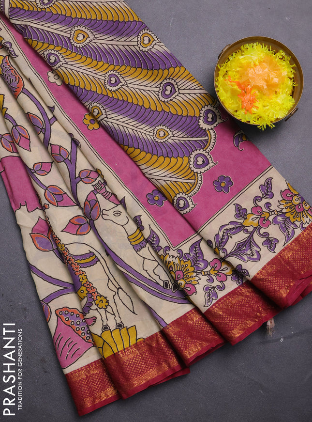 Kalamkari semi silk saree beige and maroon with allover prints and mangalgiri border