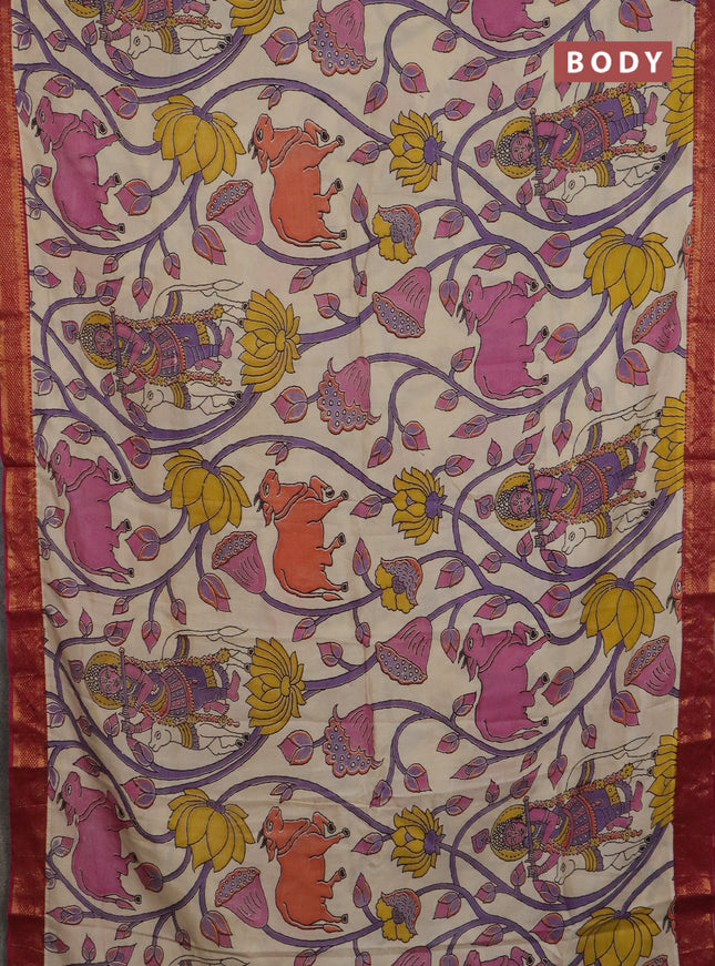 Kalamkari semi silk saree beige and maroon with allover prints and mangalgiri border