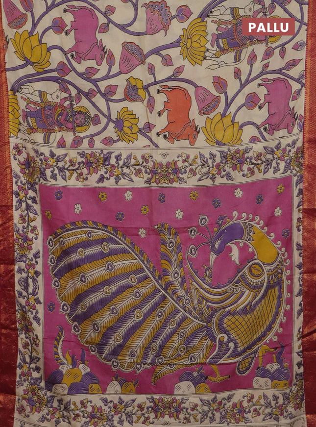 Kalamkari semi silk saree beige and maroon with allover prints and mangalgiri border