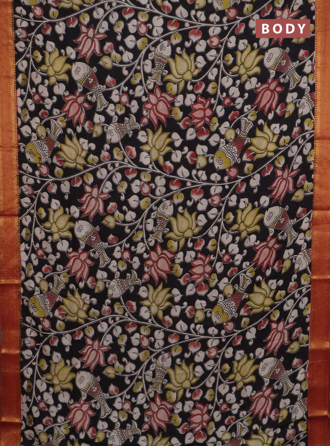 Kalamkari semi silk saree black and rust shade with allover prints and mangalgiri border