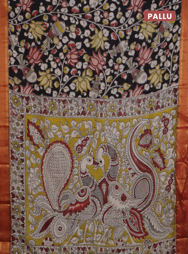 Kalamkari semi silk saree black and rust shade with allover prints and mangalgiri border