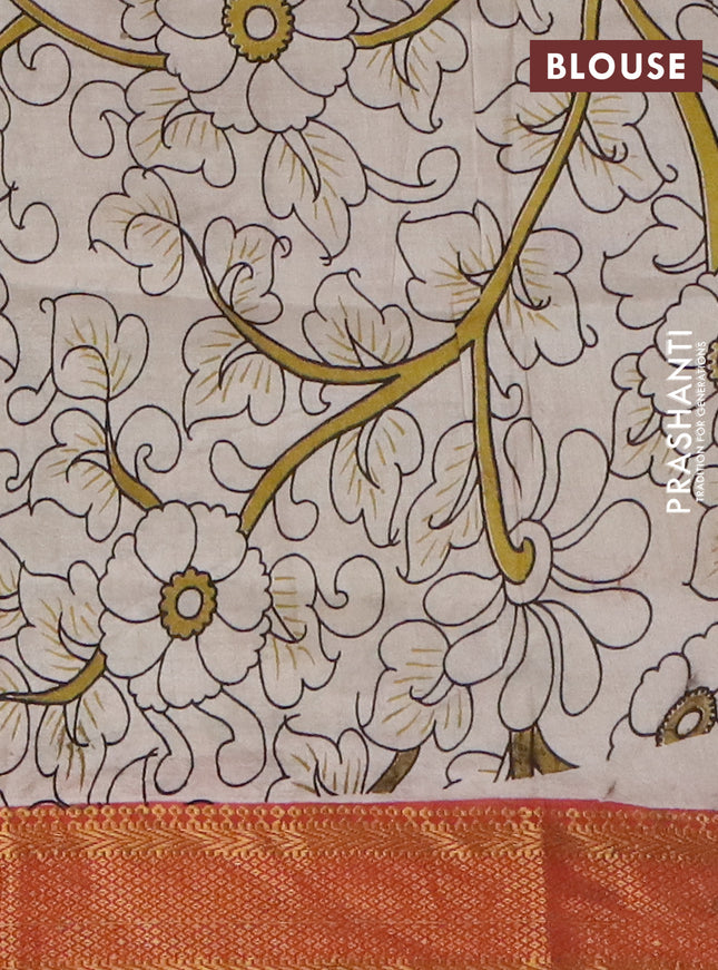 Kalamkari semi silk saree black and rust shade with allover prints and mangalgiri border