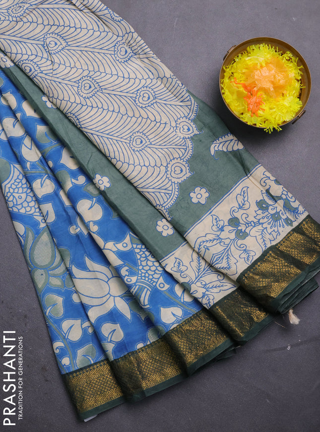 Kalamkari semi silk saree blue and bottle green with allover prints and mangalgiri border