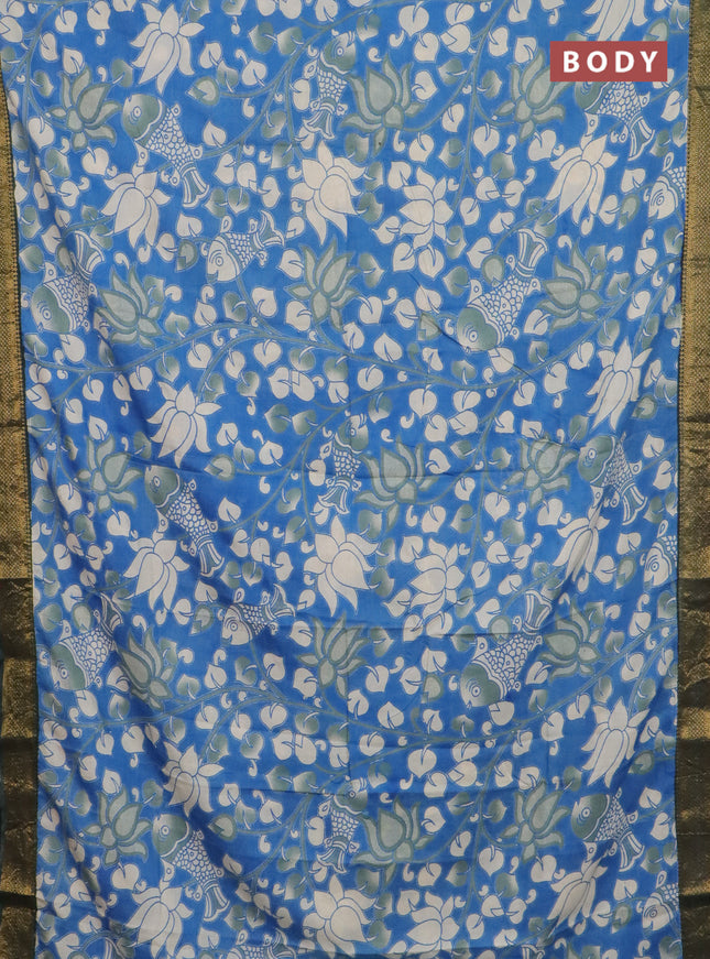 Kalamkari semi silk saree blue and bottle green with allover prints and mangalgiri border