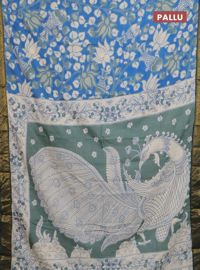 Kalamkari semi silk saree blue and bottle green with allover prints and mangalgiri border