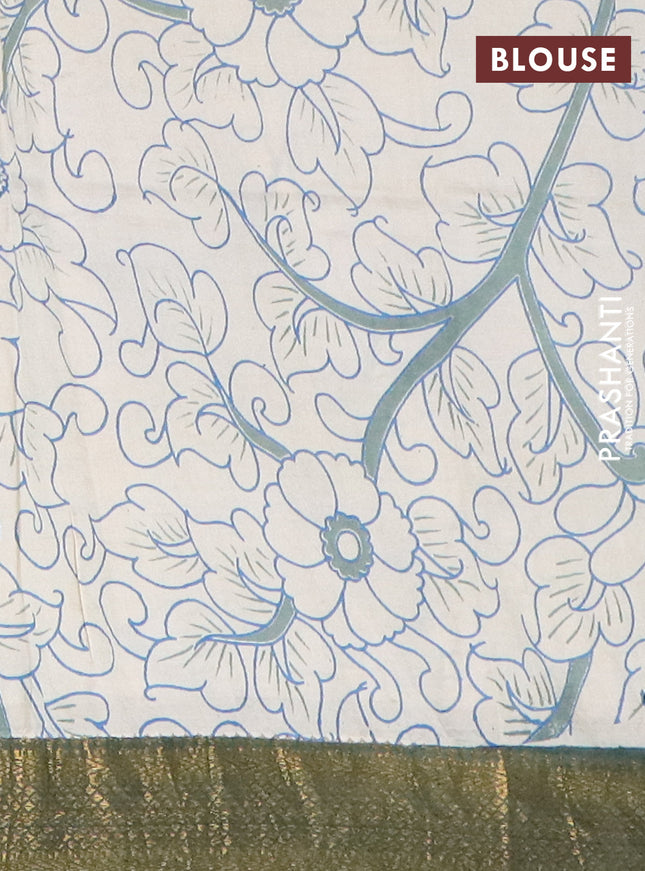 Kalamkari semi silk saree blue and bottle green with allover prints and mangalgiri border