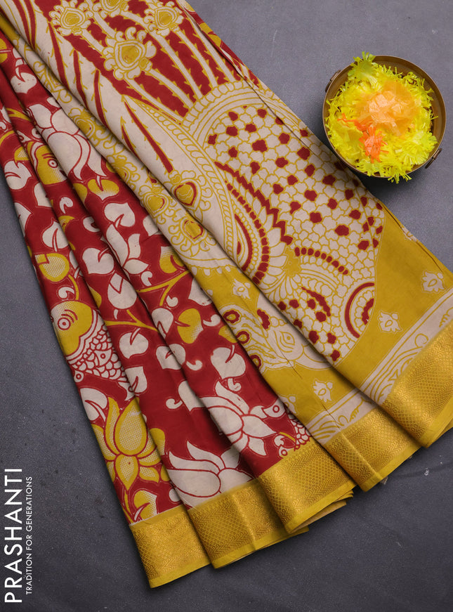 Kalamkari semi silk saree maroon and lime yellow with allover prints and mangalgiri border