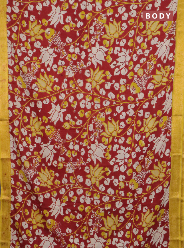 Kalamkari semi silk saree maroon and lime yellow with allover prints and mangalgiri border