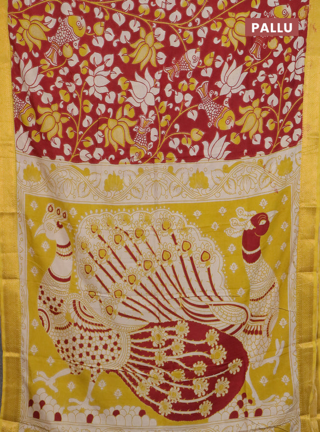 Kalamkari semi silk saree maroon and lime yellow with allover prints and mangalgiri border