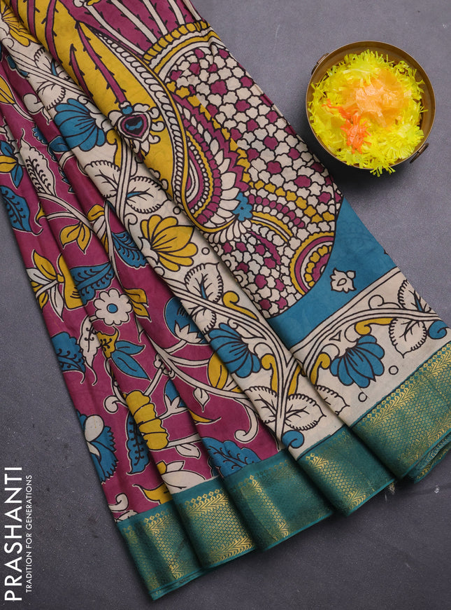 Kalamkari semi silk saree dark magenta pink and green with allover prints and mangalgiri border